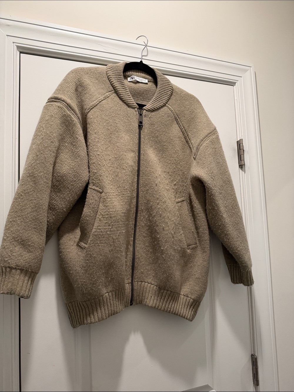 Beige Zip-Up Knit Sweater Jacket